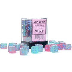 Chessex Dice Block 36ct 12mm D6 - Gemini Gel Green-Pink with Blue Pips - CHX26864
